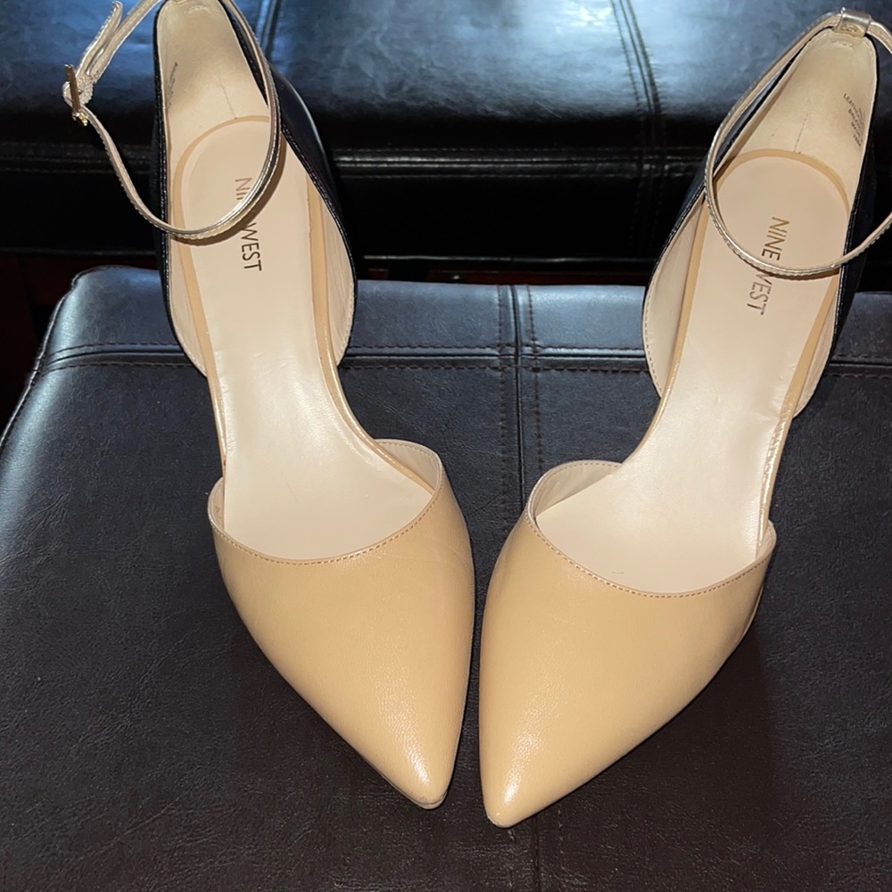 Beige and Black Shoes with Gold Heel